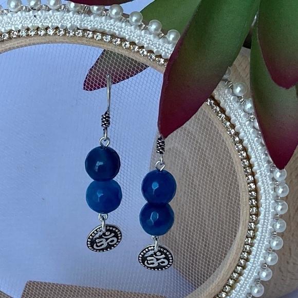 BLUE Agate and Sterling Dangle Earrings Om Charms - Picture 4 of 13